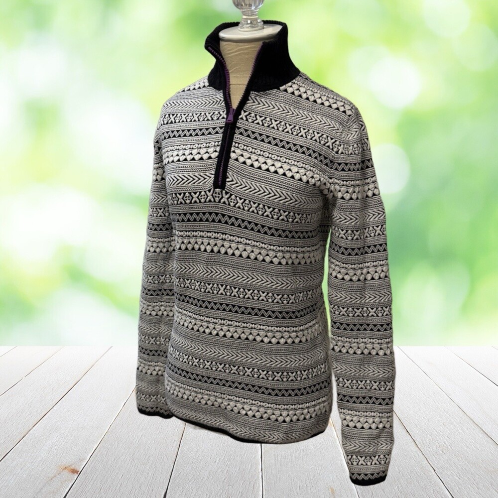 TITLE NINE Super Power 1/4 Zip Sweater Nordic Geometric Wool Blend Black Size S